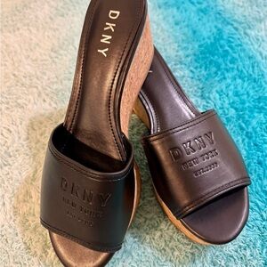 DKNY Black Leather Wedge Sandals